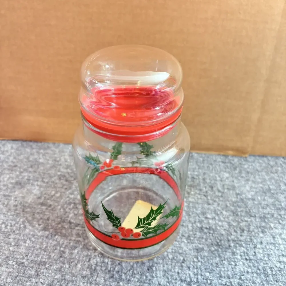 Vintage 70s Christmas‎ Glass Jar Holly Red Lid Holiday Kitchen Canister 80s